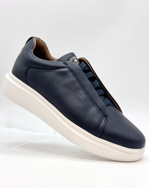 Navy Textured Leather Sneakers with Hidden Laces