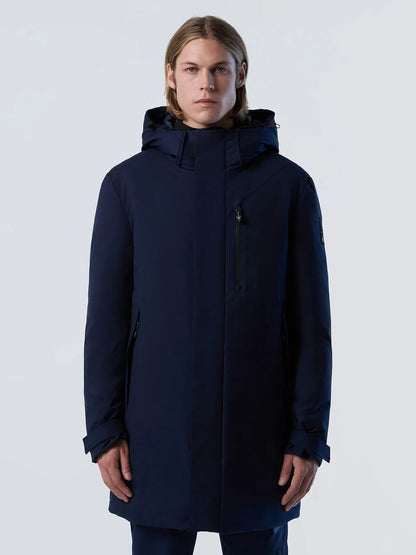 Navy Hooded Overcoat with Streamlined Silhouette