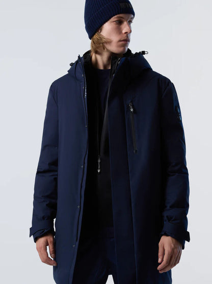 Navy Hooded Overcoat with Streamlined Silhouette