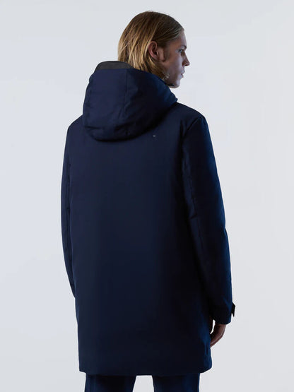 Navy Hooded Overcoat with Streamlined Silhouette