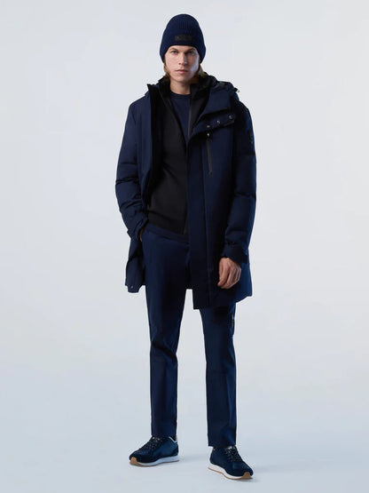 Navy Hooded Overcoat with Streamlined Silhouette