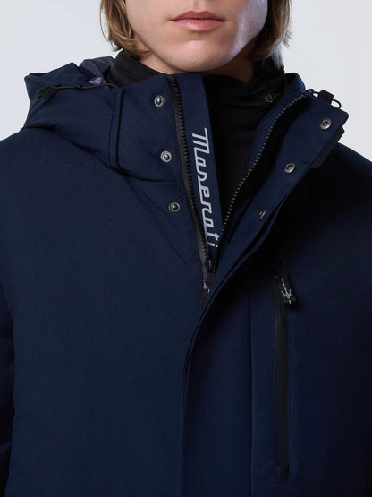 Navy Hooded Overcoat with Streamlined Silhouette