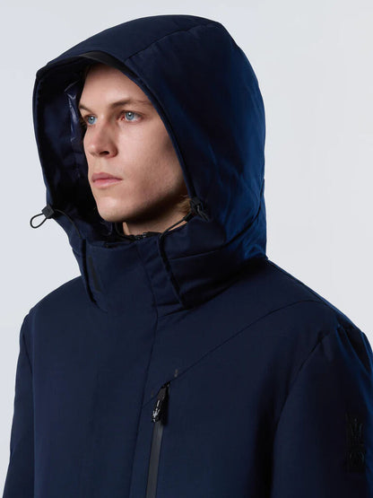 Navy Hooded Overcoat with Streamlined Silhouette