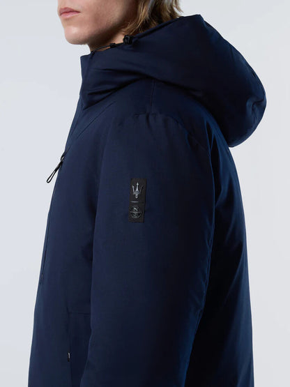 Navy Hooded Overcoat with Streamlined Silhouette