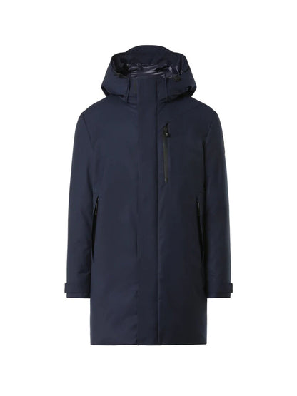 Navy Hooded Overcoat with Streamlined Silhouette