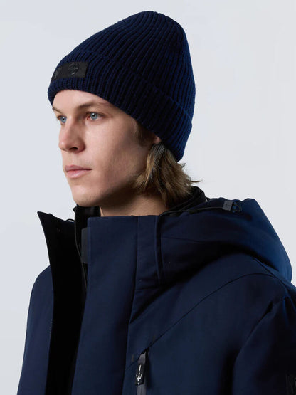 Navy Ribbed Knit Beanie with Logo Detail