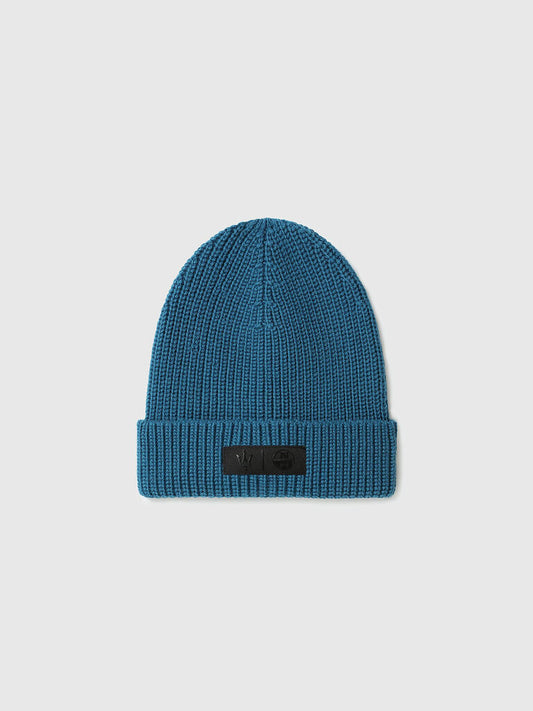 Blue Ribbed Knit Beanie with Fold-Over Cuff
