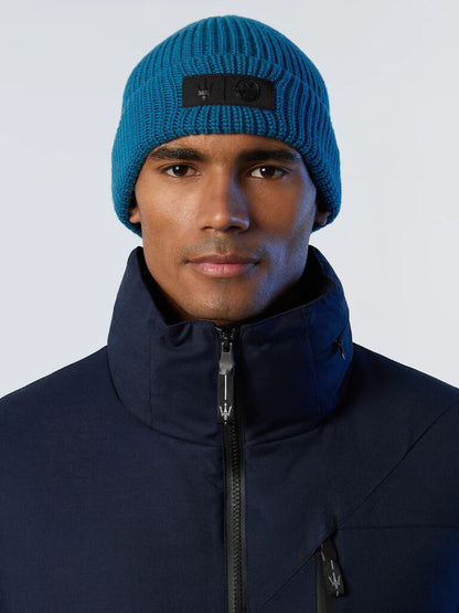 Blue Ribbed Knit Beanie with Fold-Over Cuff