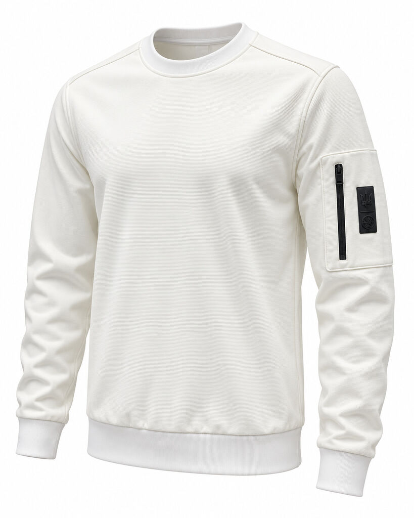 White Long Sleeve Crewneck Sweatshirt with Zipper Pocket