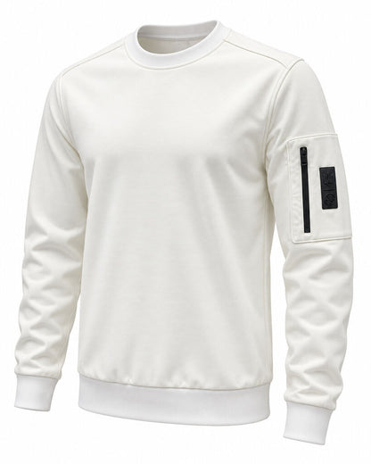 White Long Sleeve Crewneck Sweatshirt with Zipper Pocket