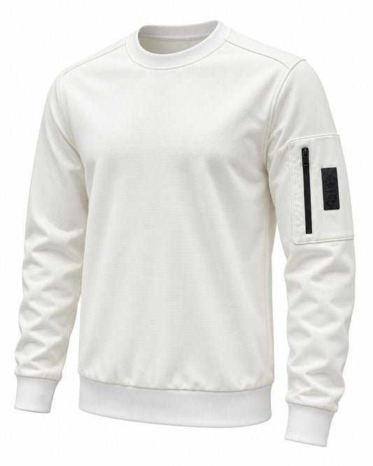 White Long Sleeve Crewneck Sweatshirt with Zipper Pocket