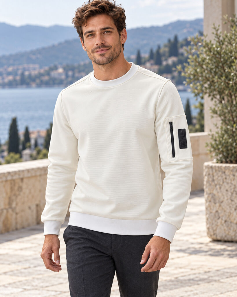 White Long Sleeve Crewneck Sweatshirt with Zipper Pocket