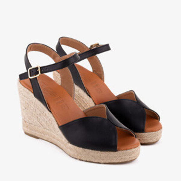 Black Glossy Wedge Sandals with Ankle Strap