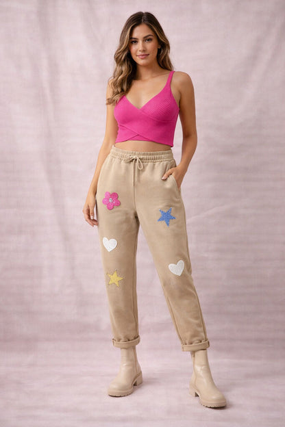 Beige Drawstring Pants with Embellished Patches