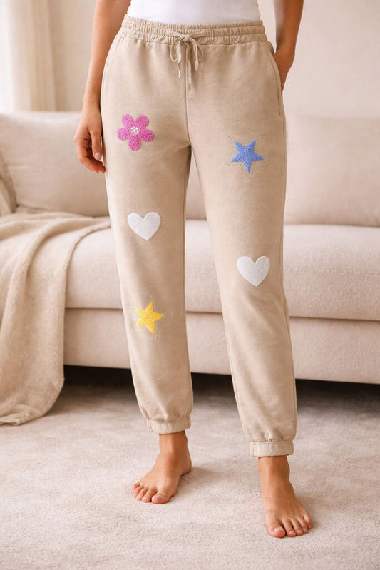 Beige Drawstring Pants with Embellished Patches