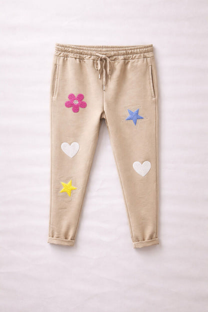 Beige Drawstring Pants with Embellished Patches
