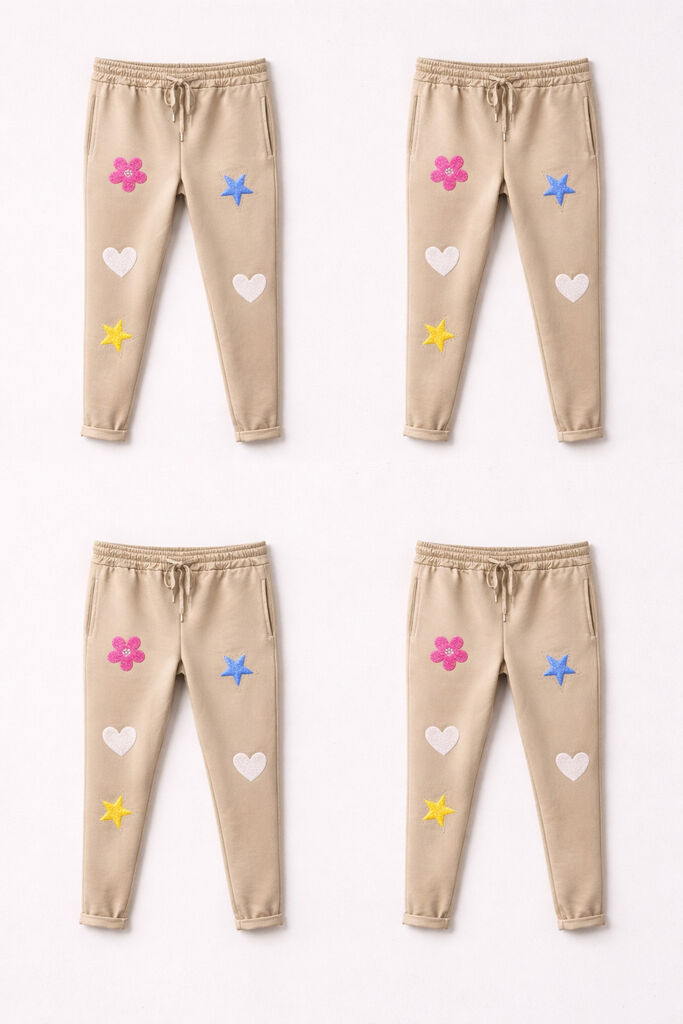 Beige Drawstring Pants with Embellished Patches