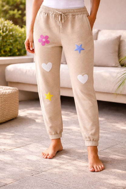 Beige Drawstring Pants with Embellished Patches