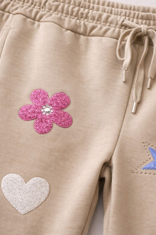 Beige Drawstring Pants with Embellished Patches