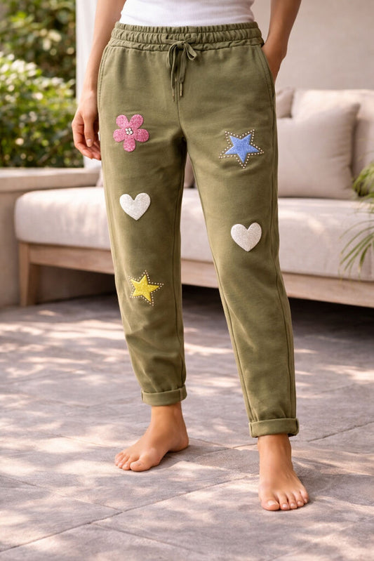 Olive Embellished Joggers with Starry Patches