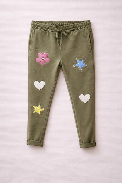 Olive Embellished Joggers with Starry Patches