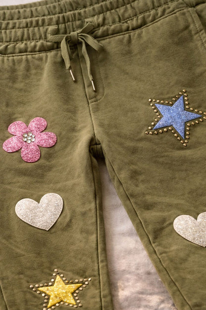 Olive Embellished Joggers with Starry Patches