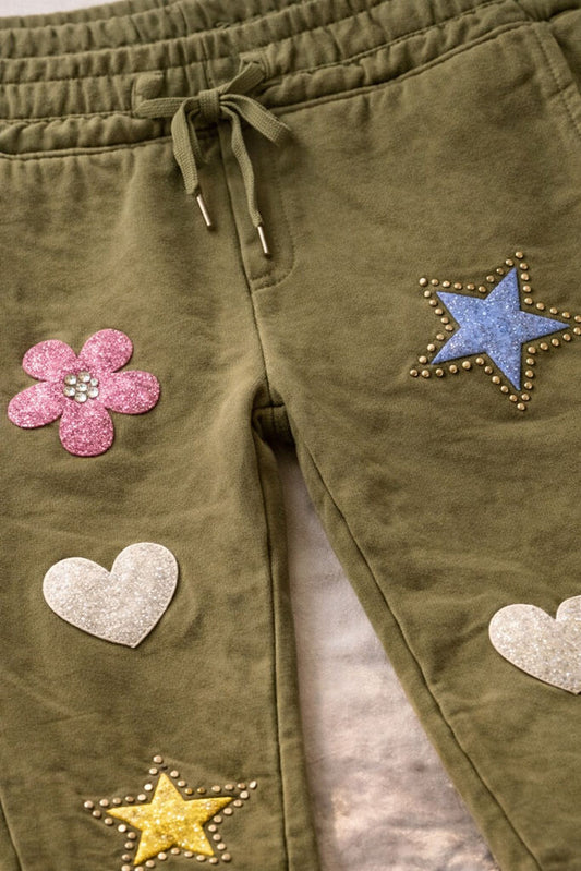 Olive Embellished Joggers with Starry Patches