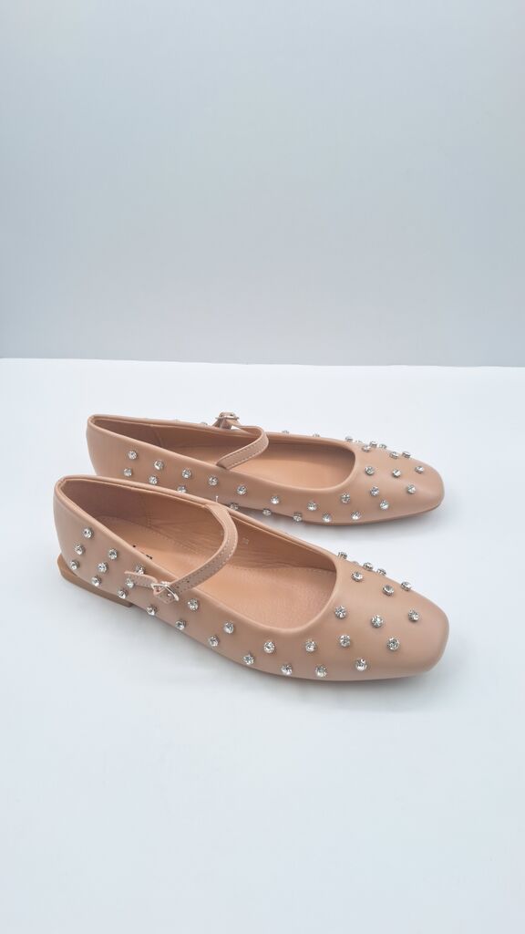 Beige Studded Ballet Flats with Strap