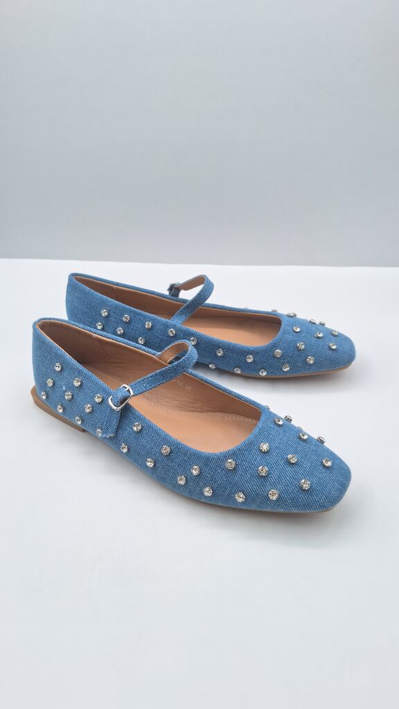 Blue Denim Ballet Flats with Rhinestone Embellishments