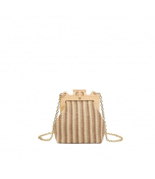 Beige Striped Woven Handbag with Wooden Closure