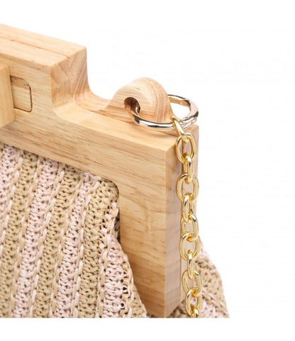 Beige Knit Wooden Frame Clutch with Gold Chain