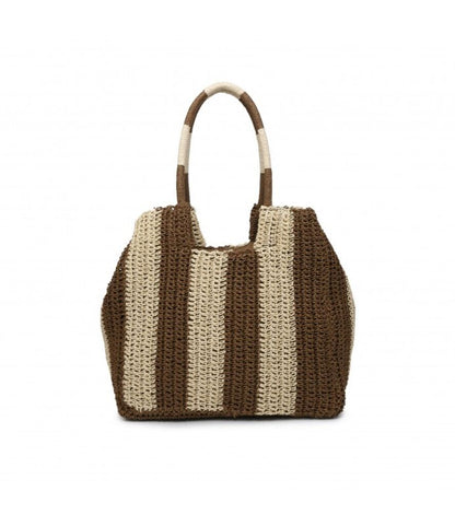 Brown and Beige Striped Knit Tote Bag