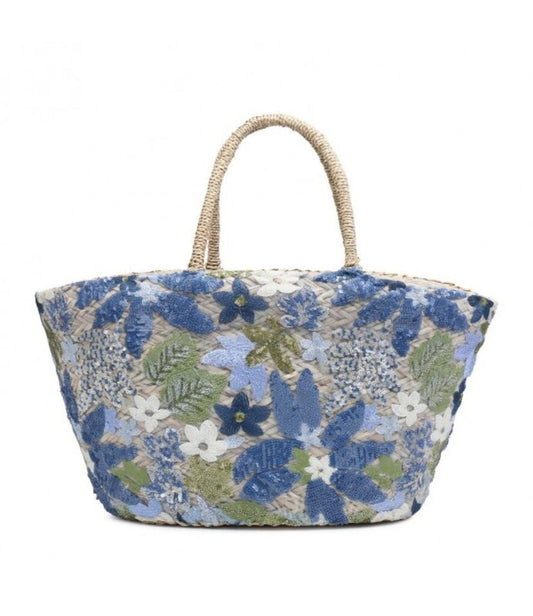 Blue Floral Embroidered Tote Bag with Woven Handles