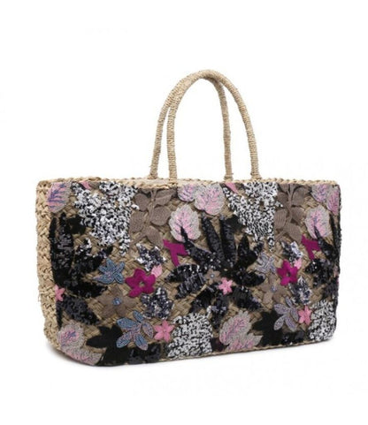 Floral Embroidered Tote Bag with Woven Handles