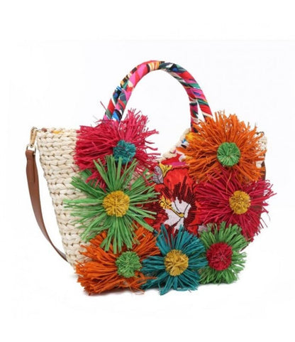 Colorful Raffia Embellished Tote with Floral Accents