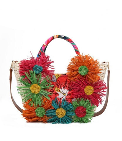Colorful Raffia Embellished Tote with Floral Accents