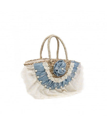 Beige Woven Basket Bag with Denim Accents