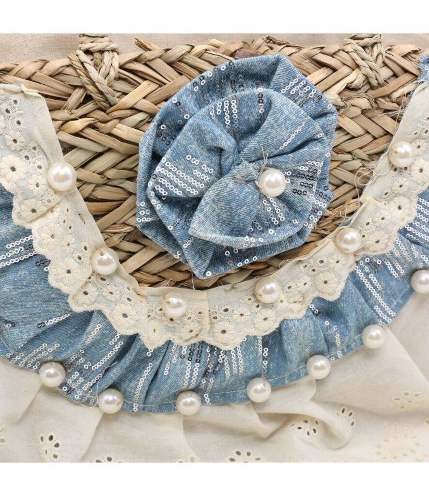 Beige Woven Basket Bag with Denim Accents