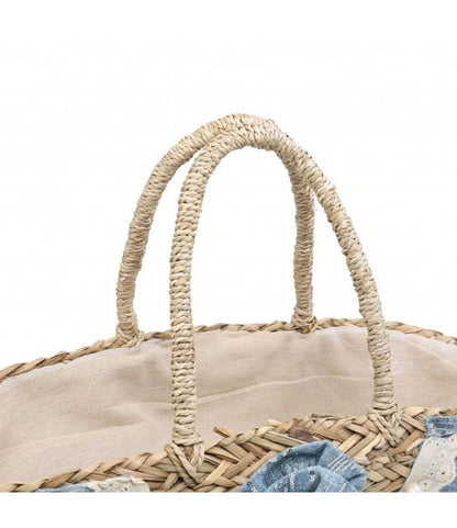 Beige Woven Basket Bag with Denim Accents