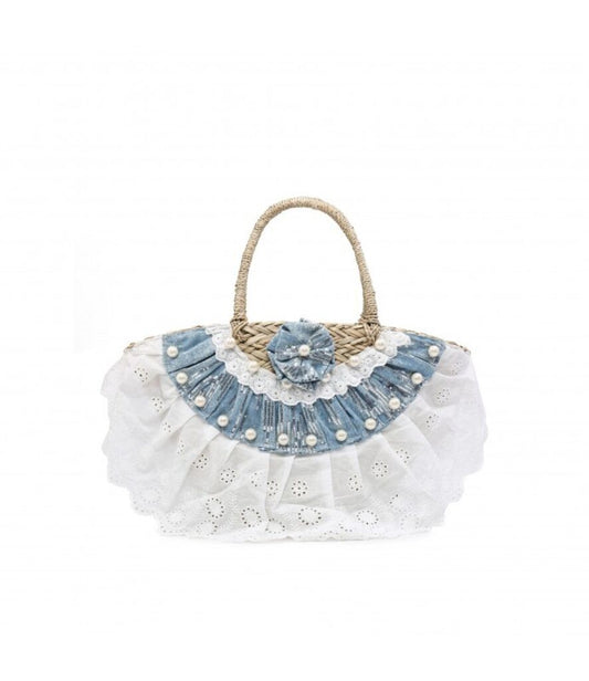 White Eyelet Woven Bag with Denim Ruffle Detail