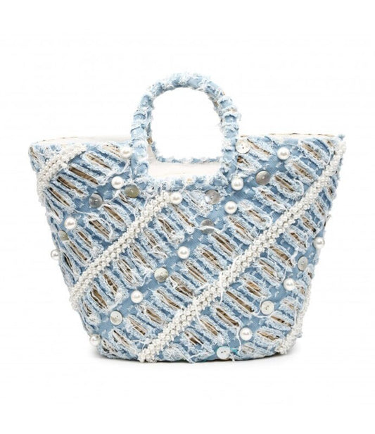 Blue Textured Tote Bag with Pearl Accents
