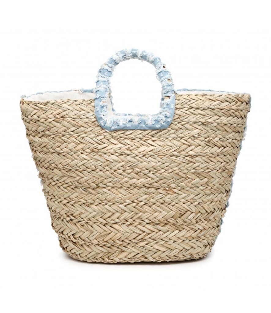 Blue Textured Tote Bag with Pearl Accents
