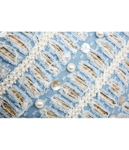 Blue Textured Tote Bag with Pearl Accents