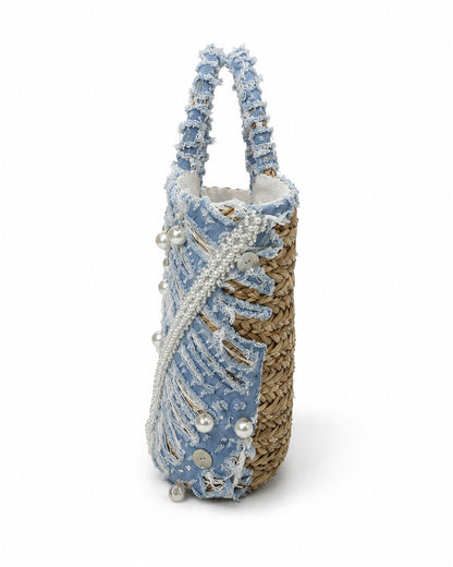 Blue Textured Tote Bag with Pearl Accents