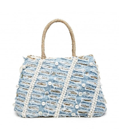 Blue Textured Tote Bag with Pearl Embellishments