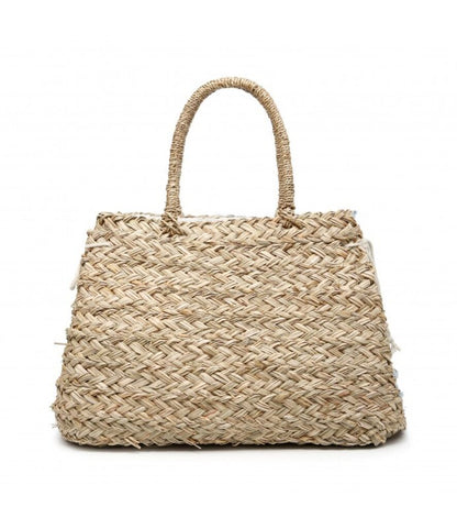 Blue Textured Tote Bag with Pearl Embellishments