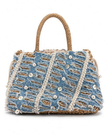 Blue Textured Tote Bag with Pearl Embellishments
