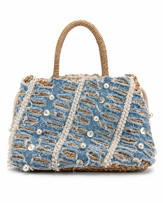 Blue Textured Tote Bag with Pearl Embellishments