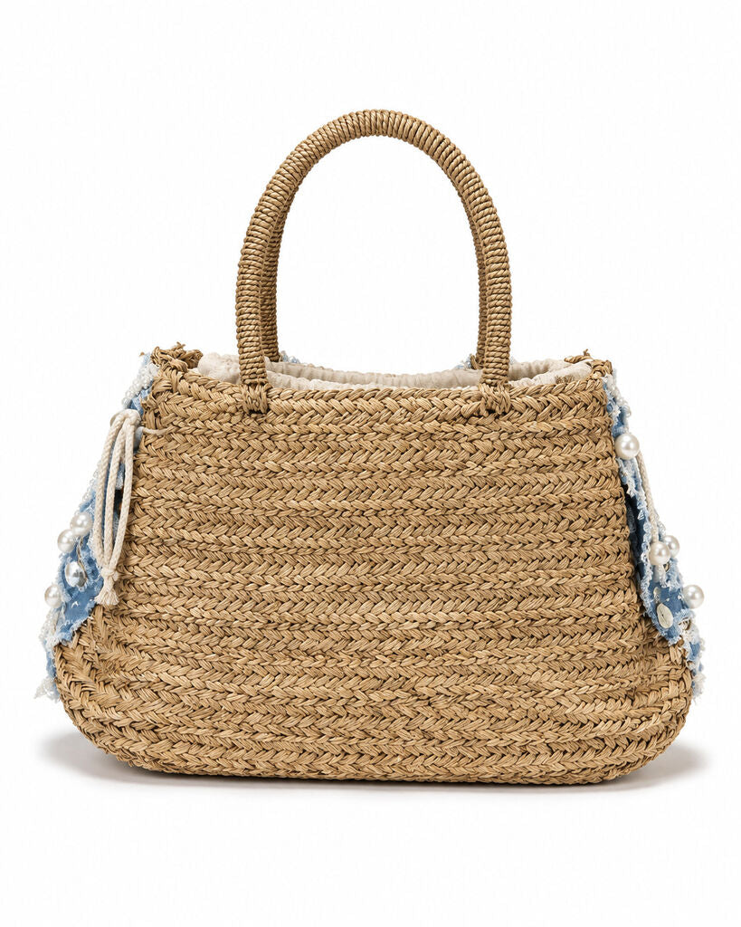 Blue Textured Tote Bag with Pearl Embellishments