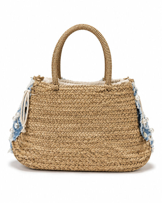 Blue Textured Tote Bag with Pearl Embellishments